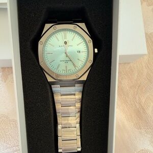 Silver Men's Watch with Aqua Dial